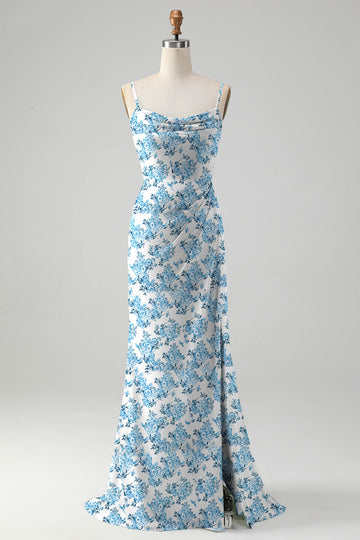 Blue Flower A-Line Cowl Neck Printed Floor Length Dress With Slit